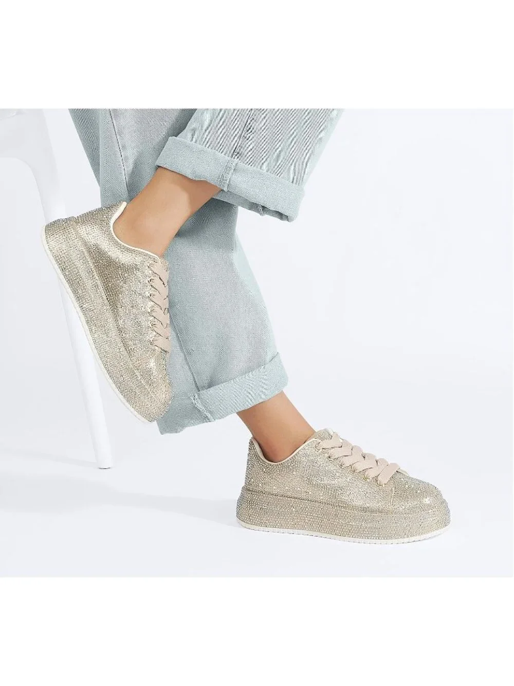🆕Women's Gold Sparkly Glitter Bling Tennis Rhinestone Platform Sneakers